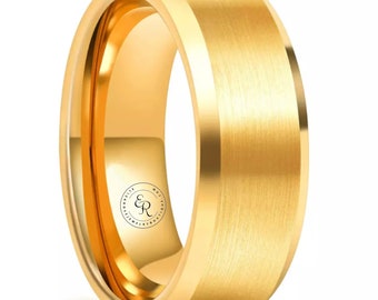 8mm tungsten carbide ring gold wedding band, tungsten ring men women, wedding ring gold band, unisex wedding ring band, gold wedding band