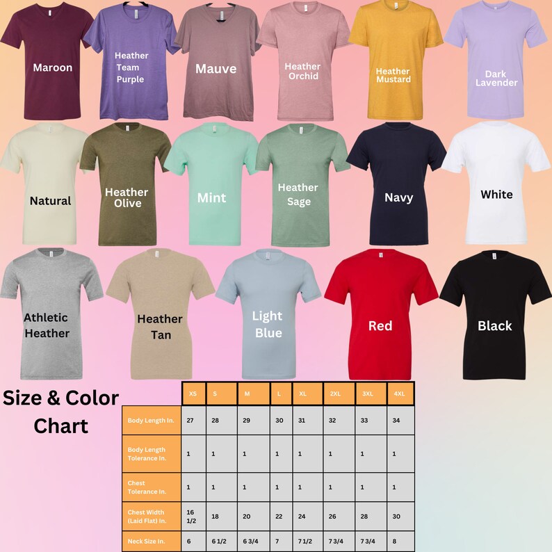 May include: A size and colour chart for t-shirts, showing 16 different colours and sizes from XS to 4XL. The chart includes measurements for body length, chest width, and neck size.