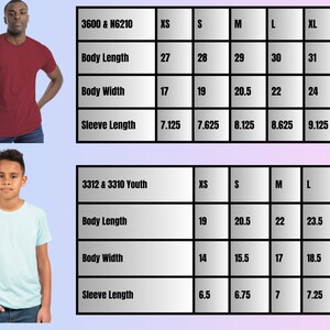 May include: Size chart for t-shirts in two styles, 3600 & N6210 and 3312 & 3310 Youth. The chart shows measurements in inches for body length, body width, and sleeve length for sizes XS, S, M, L, XL, and 2XL.