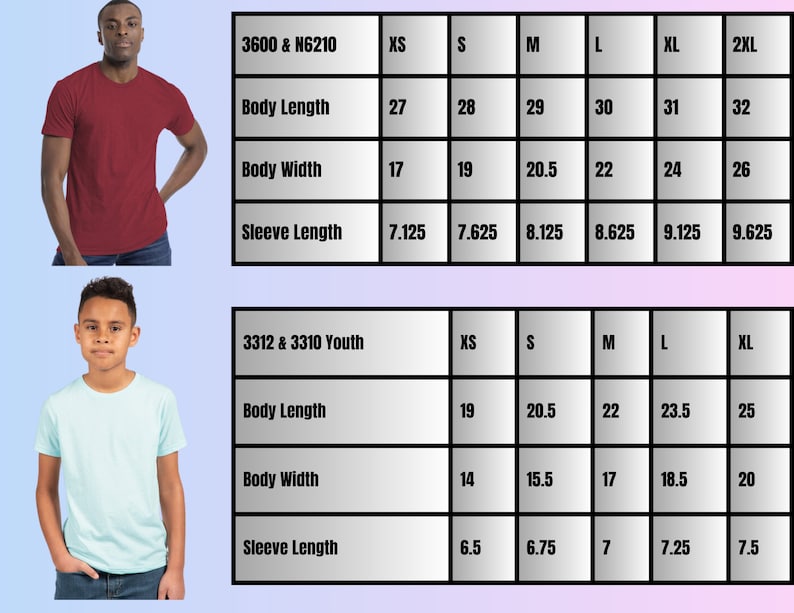 May include: Size chart for t-shirts in two styles, 3600 & N6210 and 3312 & 3310 Youth. The chart shows measurements in inches for body length, body width, and sleeve length for sizes XS, S, M, L, XL, and 2XL.