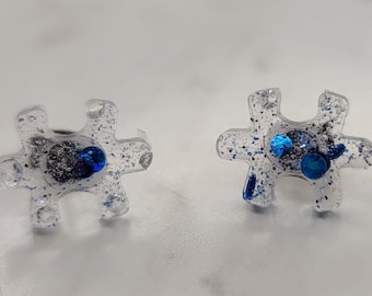 Puzzle piece stud earrings winter Christmas themed gifts blue glitter