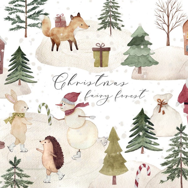 Watercolor clipart animals- 86PNG, Christmas animals, Santa Claus, Skating animals, Winter forest, Ice skating clipart, Snowman PNG