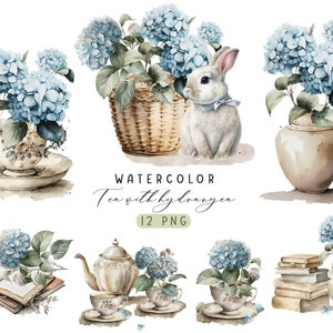 Niedliche Szenen mit blauen Hortensienblüten, Bücher Clipart, Blumen Clipart, Teetasse, Hortensienmalerei, Hortensien-Tee, Hase und Hortensie
