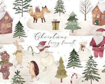 Watercolor clipart animals- 86PNG, Christmas animals, Santa Claus, Skating animals, Winter forest, Ice skating clipart, Snowman PNG