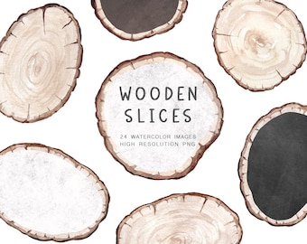 Clipart de rodajas de árbol en acuarela - 24 PNG, Rodaja de madera, Clipart de árbol, Marco de madera, Textura de madera, Madera PNG, Bricolaje, Estilo rústico, Invitación bohemia