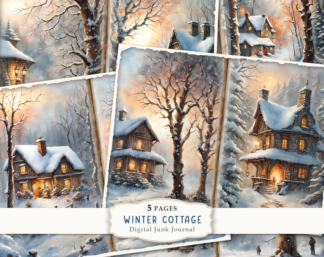 Winter Cottage Junk Journal Kit, Christmas Cottage Journal Pages