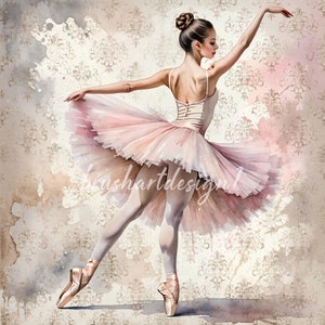 Puede incluir: Una bailarina en un tut&uacute; rosa con un fondo delicado de patr&oacute;n floral. La bailarina lleva zapatillas de punta y tiene los brazos extendidos.