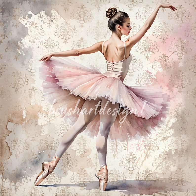 Puede incluir: Una bailarina en un tut&uacute; rosa con un fondo delicado de patr&oacute;n floral. La bailarina lleva zapatillas de punta y tiene los brazos extendidos.