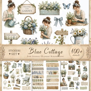 May include: A digital sticker set titled Blue Cottage featuring over 100 elements including illustrations of people gardening, blue and white floral arrangements, wooden signs with text, watering cans, butterflies, and patterned washi tape strips.