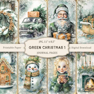 Green Christmas-1 Junk Journal Kit, Watercolor Green Christmas Printable Pages, Scrapbooking Paper, Christmas Collage Sheet,Vintage Ephemera