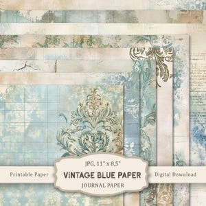 Papel imprimible azul vintage, páginas de diario basura azules, papel de diario shabby chic, papel de scrapbooking azul, descarga digital, diario rústico