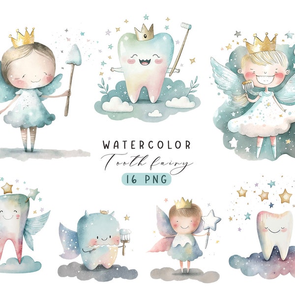 Clipart de fée des dents, clipart de personnages de fées aquarelle, petits personnages de conte de fées, dent de bébé, dent de lait, ailes, conte de fées