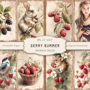 Diario basura de verano con bayas, papel de bayas, páginas imprimibles de jardín, diario basura de animales, páginas de verano, scrapbooking de bayas, efímera vintage