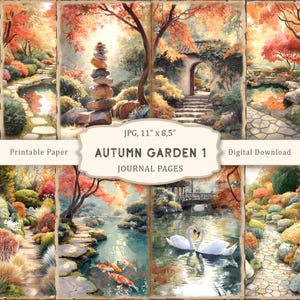 Könnte beinhalten: Digitale Journalseiten mit einer Herbstgartenszene. Das Kunstwerk zeigt einen Steinweg, einen Teich mit Koi-Karpfen und Schwänen sowie eine Steinskulptur. Der Text lautet "AUTUMN GARDEN 1 JOURNAL PAGES". Die Bildgröße beträgt 27,9 cm x 21,6 cm.