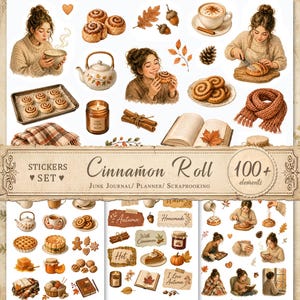 May include: A digital sticker set featuring autumn-themed illustrations including people in sweaters, cinnamon rolls, a teapot, a candle, a scarf, books, and fall foliage. The text reads Cinnamon Roll Junk Journal Planner Scrapbooking 100+ elements.