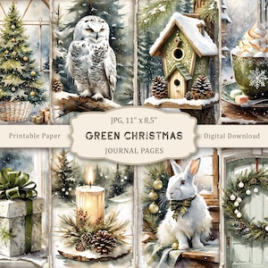 Green Christmas-1 Junk Journal Pages, Kit de impressão de aquarela vintage para Natal, Papel para scrapbooking de inverno, Colagem de Natal, Ephemera vintage
