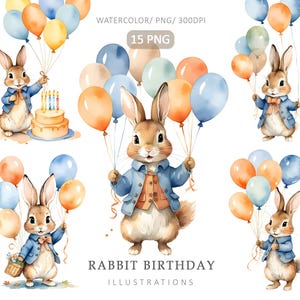 Peter Rabbit Birthday- 15PNG, Autumn Peter Rabbit with balloons, Beatrix Potter Style, Bunny clipart, Card Making, Paper Craft, Watercolor
