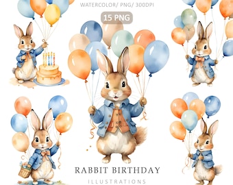 Peter Rabbit Birthday Clipart- 15PNG, Bunny with balloons, Beatrix Potter Style, JPG, Digital Download