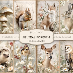 Neutral Forest-1 Junk Journal Druckbare Seiten, Waldtiere Seiten, Collage Sheets, Wald Seiten, Scrapbook Papier, Vintage Ephemera