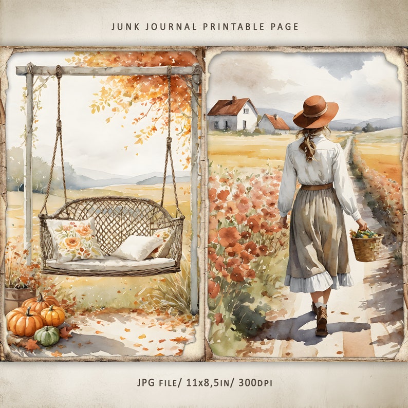 Autumn Junk Journal Kit, Watercolor Autumn Printable Pages, Autumn Scrapbooking Paper, Fall Collage Sheet, Fall Vintage Ephemera, Digital image 2