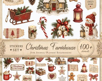 Puede incluir: Una colección de pegatinas con temática navideña que incluye una cabaña nevada, un trineo rojo, un muñeco de nieve, un farol, un bastón de caramelo, piñas, cascabeles y varias etiquetas festivas con texto decorativo.