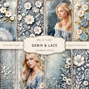 May include: Printable journal pages with a denim and lace theme. The pages feature a blue and white color scheme with floral designs and a woman in a blue dress. The text "DENIM & LACE JOURNAL PAGES" is printed on the pages.