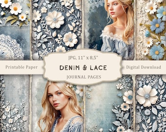 Denim & Lace Junk Journal Pages, Vintage Floral Ephemera (Digital Download)