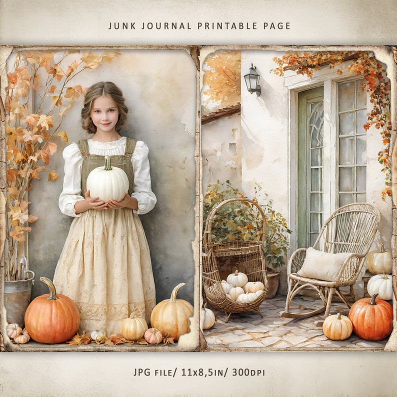 May include: A printable page for a junk journal featuring a girl holding a white pumpkin and a rustic porch scene with a wicker chair and a basket of pumpkins. The page is 11x8.5 inches and 300 DPI.