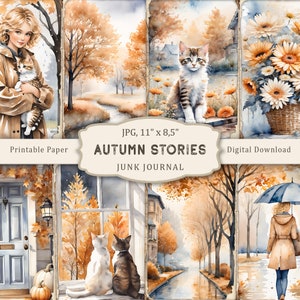 Kit di diario spazzatura autunnale accogliente ad acquerello, pagine stampabili autunnali, carta di diario autunnale, foglio di collage di album, scene autunnali, effimeri autunnali