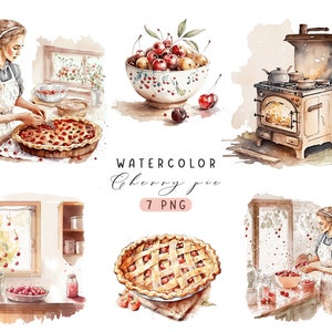 Kersentaart clipart, meisje bakt taart clipart, keuken clipart, koken clipart, taart clipart, kersen clipart, stickers planner, lente clipart