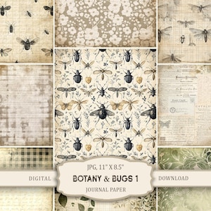 以下が含まれることがあります： 植物と昆虫をテーマにしたデジタルジャーナルペーパー。ベージュ、ブラウン、グリーン系の色合いで、さまざまな昆虫や花柄がデザインされています。「BOTANY & BUGS 1」と「JOURNAL PAPER」の文字が見えます。紙のサイズは27.9cm x 21.6cmです。