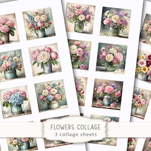 Folhas de colagem de flores digitais, imagens quadradas de 2"x2" para impressão, folha de colagem digital para scrapbooking, itens efêmeros de flores digitais para impressão.