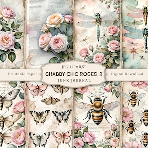 Shabby Chic Roses-2 Kit de diario basura, páginas florales Shabby Chic Roses, papeles de diario de rosas vintage, hoja de collage floral, rosas de acuarela