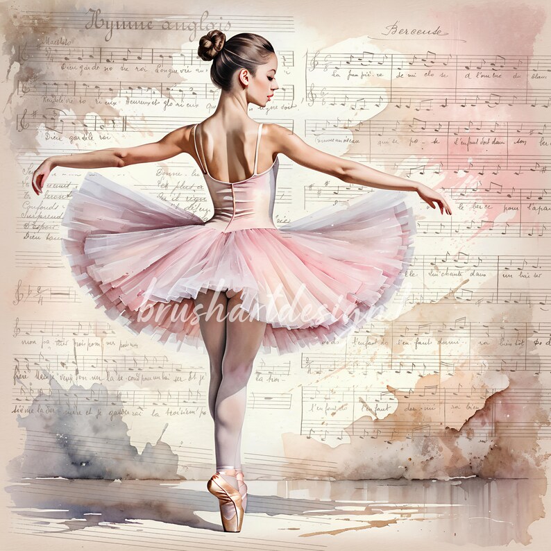 Puede incluir: Una bailarina con un tut&uacute; rosa y zapatillas de punta baila sobre un fondo de partituras musicales descoloridas. La m&uacute;sica incluye las palabras "Hymne anglais" y "Berceuse".