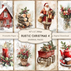 Puede incluir: Una colección de páginas de diario en acuarela con temática navideña rústica. Las imágenes incluyen una casa roja, Papá Noel, troncos y arreglos florales. El texto dice "RUSTIC CHRISTMAS 4 JOURNAL PAGES". Las páginas miden 21,6 cm x 28 cm a 300 ppp.