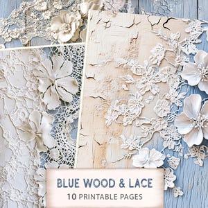 Blaues Holz und Spitze-02 Druckbare Seiten, Holz Collage Sheets, Rustikales Blumen Journal, Blaues Scrapbooking Papier, Digitale Spitze Printable