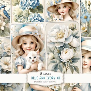 Blau und Elfenbein-01 Junk Journal Kit, Viktorianische Junk Journal Seiten, Vintage Mädchen Collage Sheet, Floral Scrapbooking Papier, Journal Ephemera