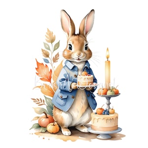 14 Autumn Peter Rabbit Clipart JPG, Beatrix Potter Style, Watercolor Autumn Birthday, Rabbit and Balloons Clipart, Card Making, Paper Craft