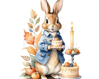 14 Herbst Peter Rabbit Aquarell Clipart, Geburtstagsparty, Beatrix Potter Stil, JPG, digitaler Download