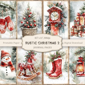 May include: A digital collage of rustic Christmas journal pages. The artwork includes a Christmas tree in a basket, a red clock, wrapped gifts, mittens, a snowman, a rocking horse, red boots, and a lantern. The text reads "RUSTIC CHRISTMAS 2 JOURNAL PAGES".