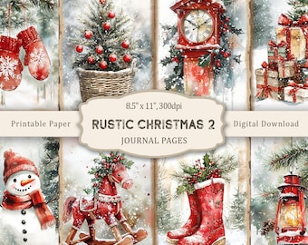 Könnte beinhalten: Eine digitale Collage mit rustikalen Weihnachtstagebuchseiten. Die Kunstwerke umfassen einen Weihnachtsbaum in einem Korb, eine rote Uhr, verpackte Geschenke, Fäustlinge, einen Schneemann, ein Schaukelpferd, rote Stiefel und eine Laterne. Der Text lautet "RUSTIC CHRISTMAS 2 JOURNAL PAGES".