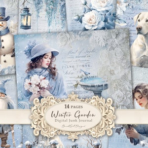 Winter Garden-14 Kit de páginas de diário de lixo, páginas de diário de lixo, folhas de Natal, fundo de inverno vintage, coisas efêmeras de jardim, folhas de colagem