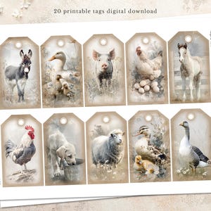K&ouml;nnte beinhalten: Ein Bogen mit 20 bedruckbaren Anh&auml;ngern mit Aquarellillustrationen von Nutztieren, darunter ein Esel, Entenk&uuml;ken, ein Schwein, ein Huhn mit Eiern, ein Fohlen, ein Hahn, ein Welpe, ein Schaf, Enten und eine Gans. Die Anh&auml;nger sind 5,08 cm x 8,89 cm gro&szlig;.