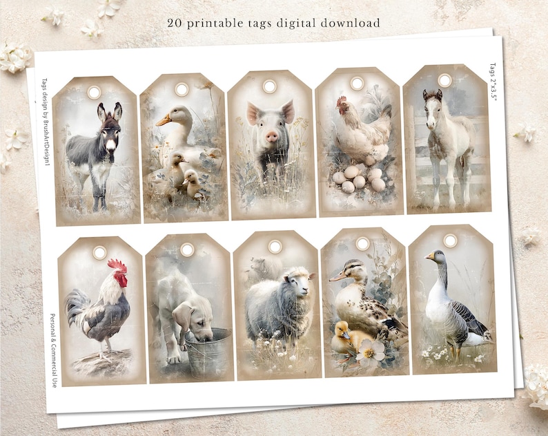K&ouml;nnte beinhalten: Ein Bogen mit 20 bedruckbaren Anh&auml;ngern mit Aquarellillustrationen von Nutztieren, darunter ein Esel, Entenk&uuml;ken, ein Schwein, ein Huhn mit Eiern, ein Fohlen, ein Hahn, ein Welpe, ein Schaf, Enten und eine Gans. Die Anh&auml;nger sind 5,08 cm x 8,89 cm gro&szlig;.