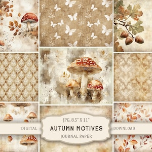 Könnte beinhalten: Eine Collage digitaler Journalpapiere mit Herbstthema. Die Papiere zeigen Aquarellillustrationen von Pilzen, Schmetterlingen, Eicheln und Herbstlaub in Braun-, Beige- und Orangetönen. Der Text "AUTUMN MOTIVES JOURNAL PAPER" wird angezeigt.