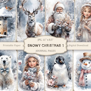 Pagine di diario di Natale innevato-1, pagine di Natale rustico, carta per album di ritagli invernale accogliente, collage stampabile di Natale, effimeri invernali