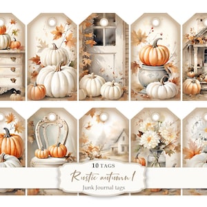 Puede incluir: Una colección de diez etiquetas rústicas con temática otoñal. Cada etiqueta presenta ilustraciones en acuarela de calabazas, hojas de otoño y elementos vintage como una cómoda, una puerta y una silla. El texto "Rustic autumn 1" se muestra en una pancarta decorativa.