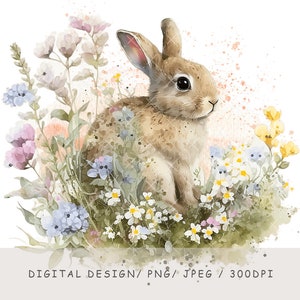 Diseño de conejo de acuarela por sublimación, lindo conejo en flores silvestres, imágenes prediseñadas de animales de acuarela, animales del bosque, álbumes de recortes, primavera, verano