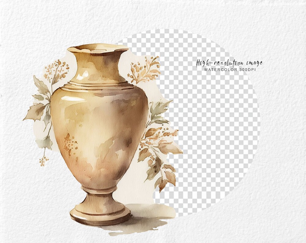 Vintage Vases Clipart, Watercolor Oriental Vases, Flower Vase PNG, Old