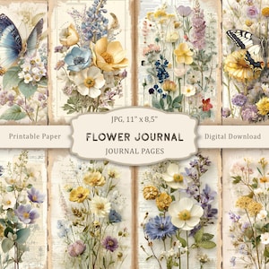Blommorskräpjournal, utskrivbara blomsidor, botaniska blommor, scrapbookingpapper för trädgårdar (digital nedladdning)